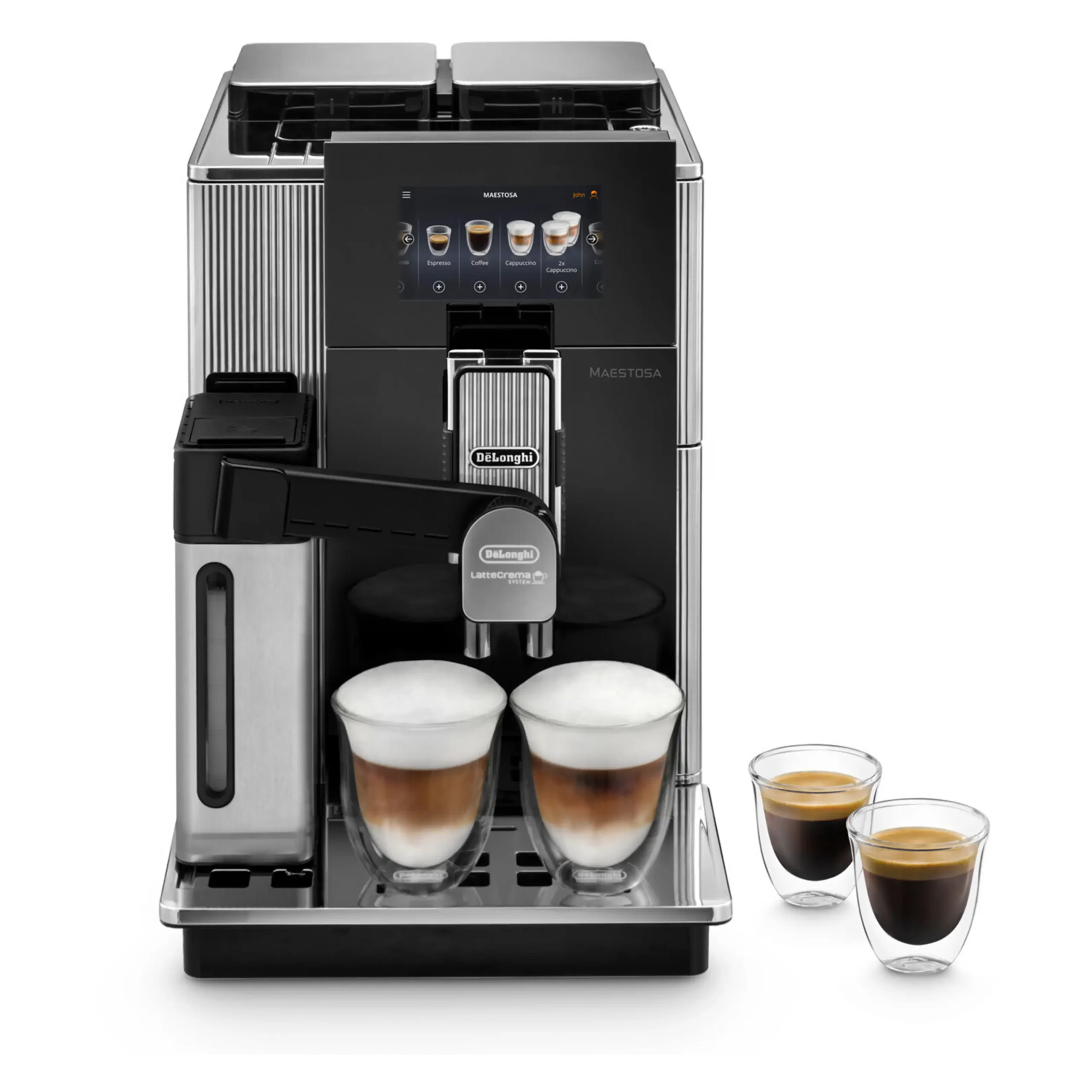 MACCHINA CAFFÈ AUTOMATICA DE'LONGHI Maestosa EPAM960.75.GLM, Pressione pompa 19 bar, Potenza 1550 W, Programmi Espresso, Americano, Coffee, Caraffa caffè, Doppio+, Long, 2x Cappuccino, 2x Cappuccino mix, 2x Latte Macchiato, Caffelatte, Cappuccino, Cappuccino Mix, Cappuccino+, Espresso macchiato, Flat White, Latte caldo, Latte macchiato, Cioccolato (Mix Carafe), Schiuma di latte fredda (Mix Carafe), Acqua calda, Funzione tè, Funzione Regolazione macinatura, Programma pulizia, Nero/Grigio