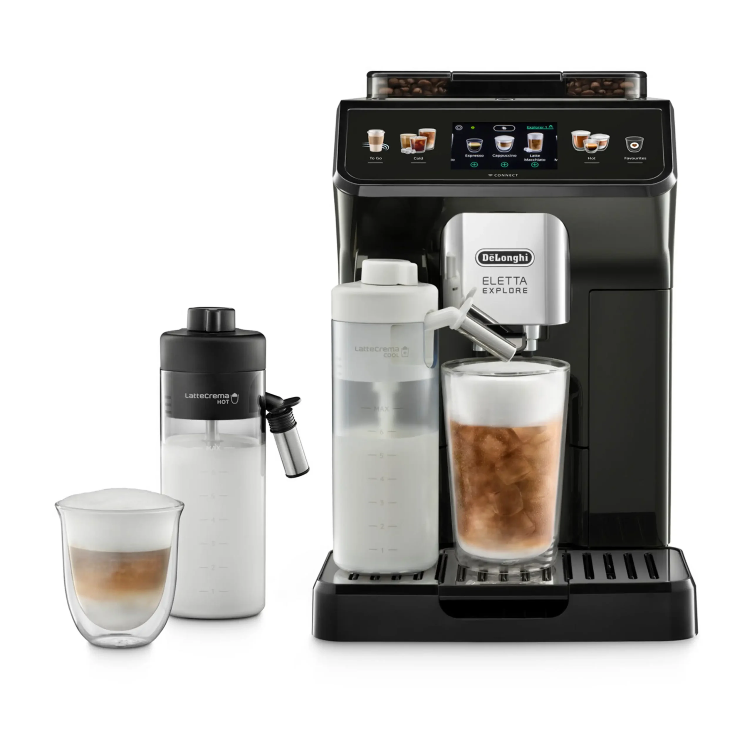 Macchina Automatica per Caffè DE'LONGHI Eletta Explore Cold Brew ECAM450.65.G, Doppia caraffa montalatte automatica inclusa, Cold Brew, 50 bevande dirette, Display Touch, 19 bar, 1450 W, Grigio