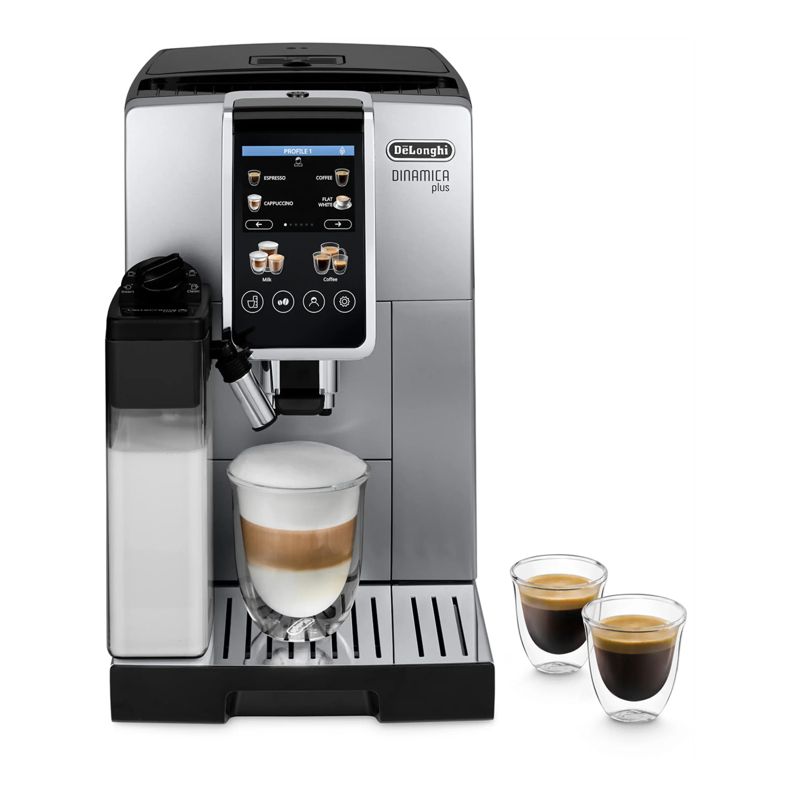 Macchina Automatica per Caffè DE'LONGHI Dinamica Plus ECAM380.85.SB, Caraffa Montalatte Automatica, 24 bevande dirette, Display Touch, 15 bar, 1450 W, Argento/Nero