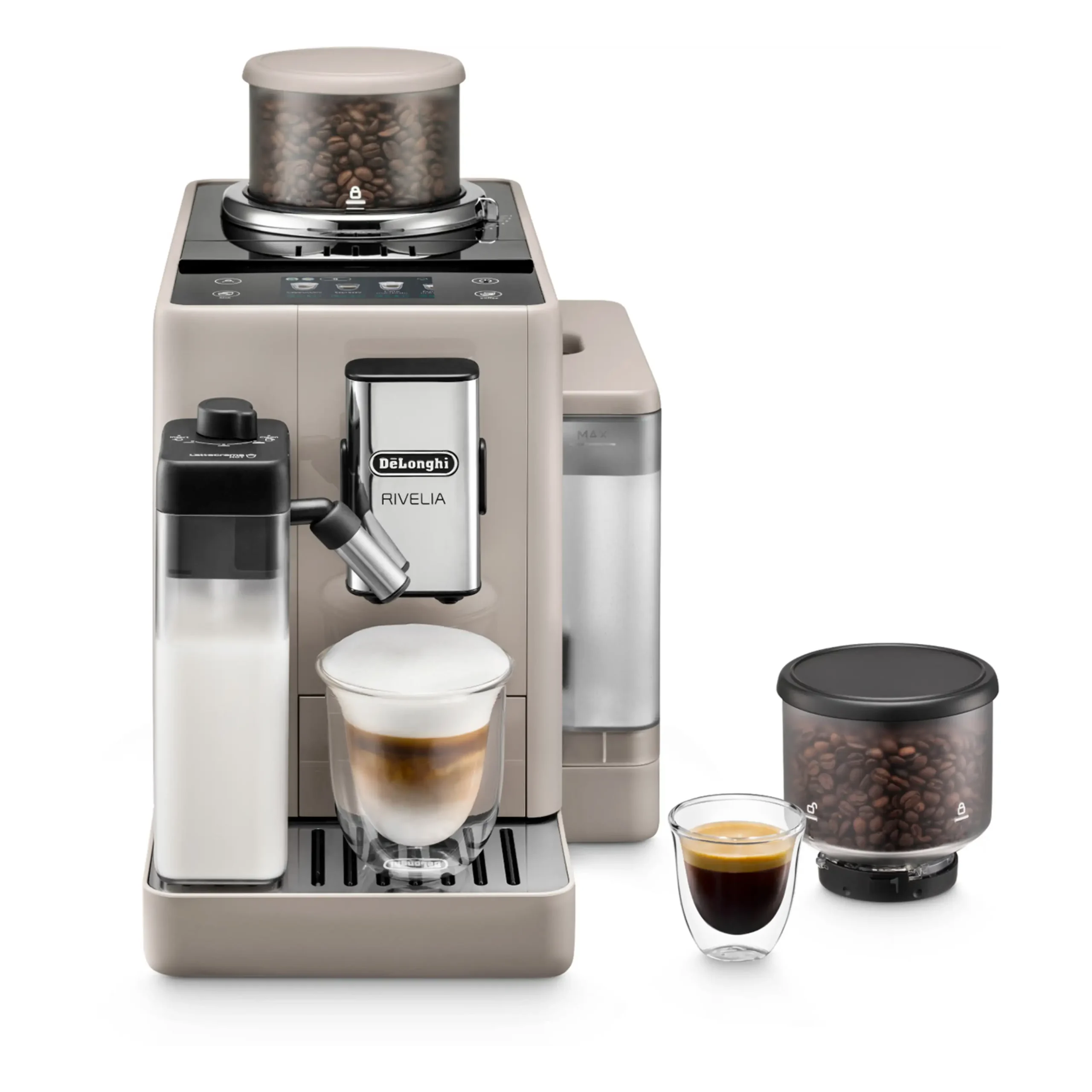 Macchina Automatica per Caffè DE'LONGHI Rivelia EXAM440.55.BG, Caraffa Montalatte Automatica, 2 portachicchi intercambiabili, 16 bevande dirette, Display Touch, 19 bar, 1450 W, Beige