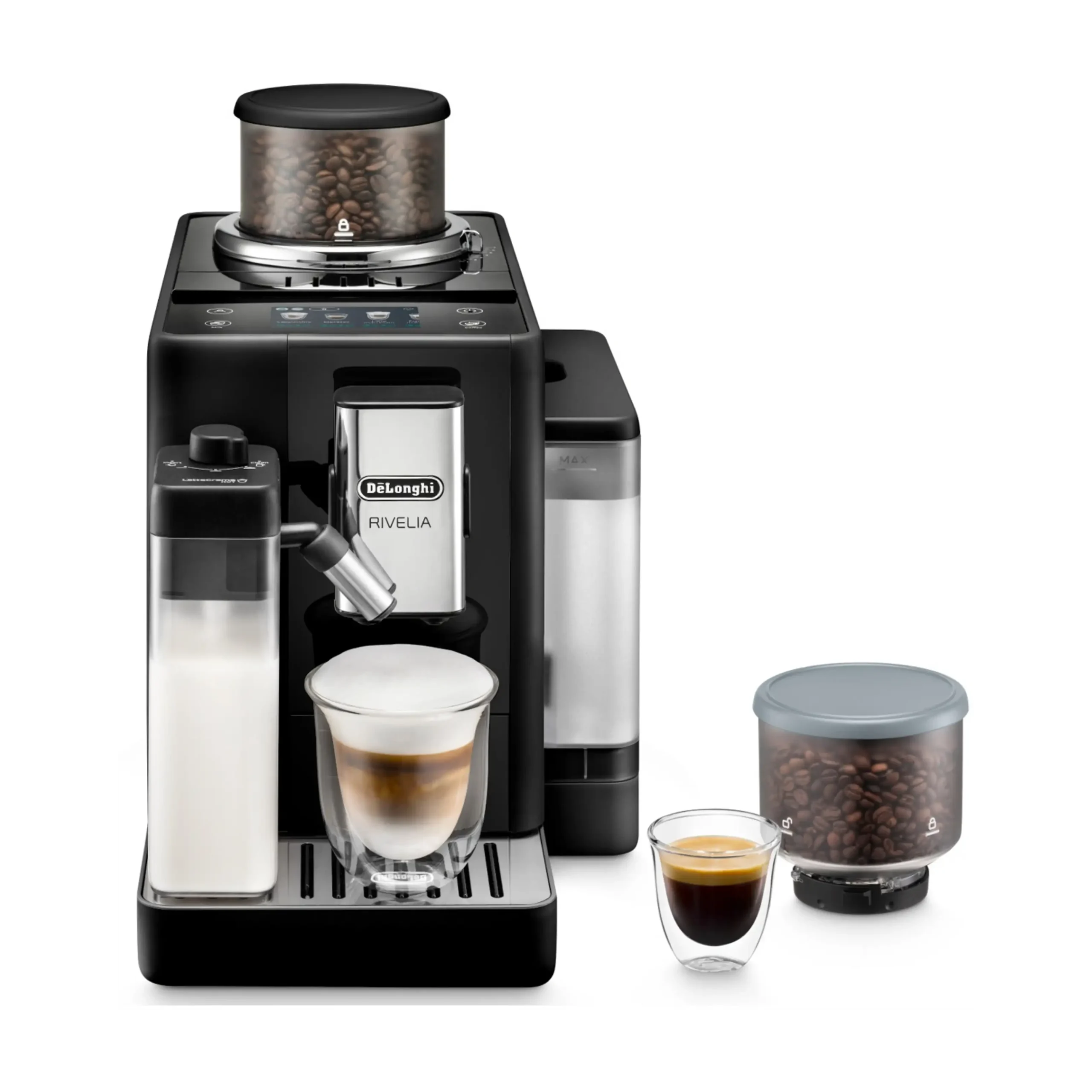 Macchina Automatica per Caffè DE'LONGHI Rivelia EXAM440.55.B, Caraffa Montalatte Automatica, 2 portachicchi intercambiabili, 16 bevande dirette, Display Touch, 19 bar, 1450 W, Nero
