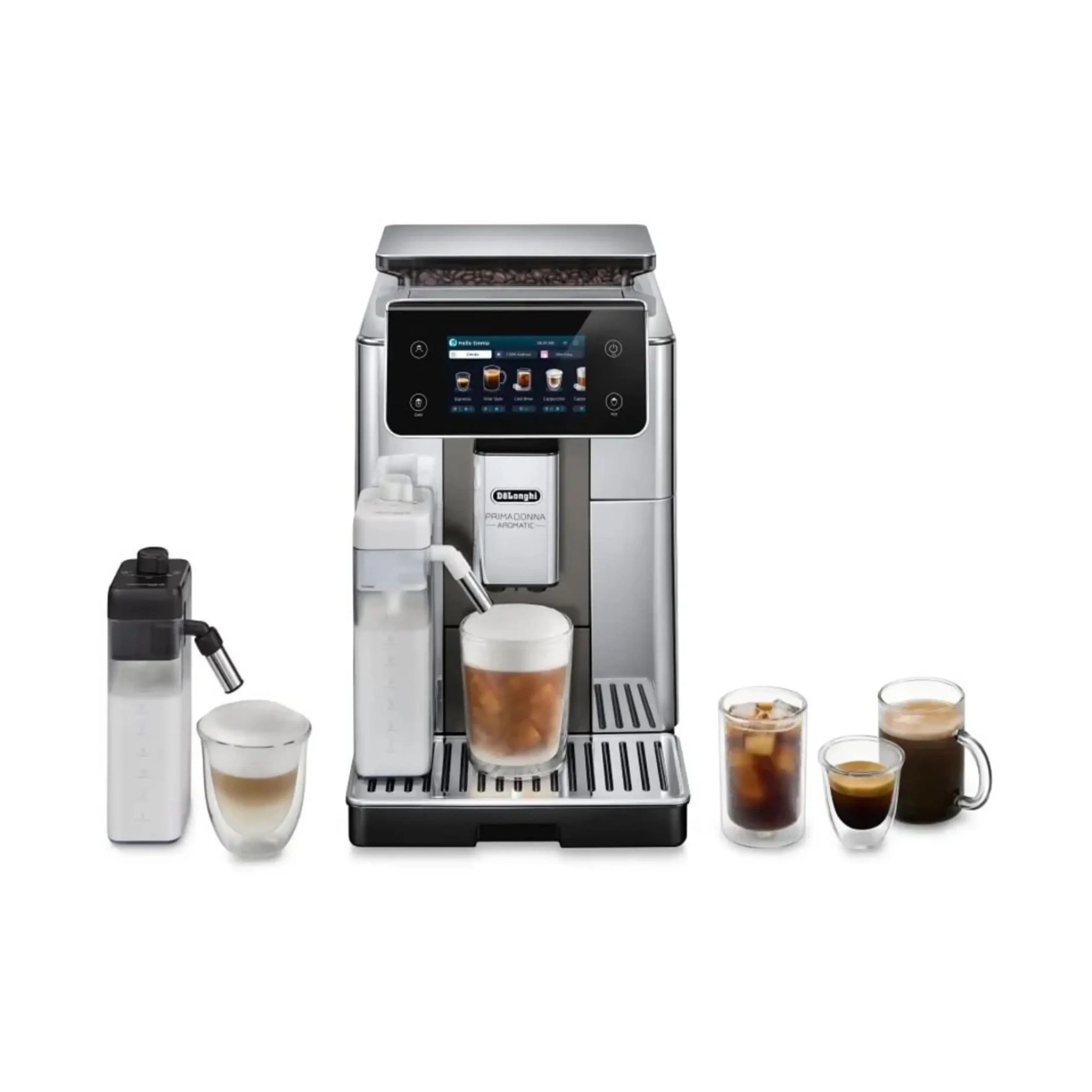 Macchina Automatica per Caffè DE'LONGHI PrimaDonna Aromatic ECAM630.75.TSM, Doppia caraffa montalatte automatica inclusa, Cold Brew, 35 bevande dirette, Display Touch, 19 bar, 1450 W, Metal