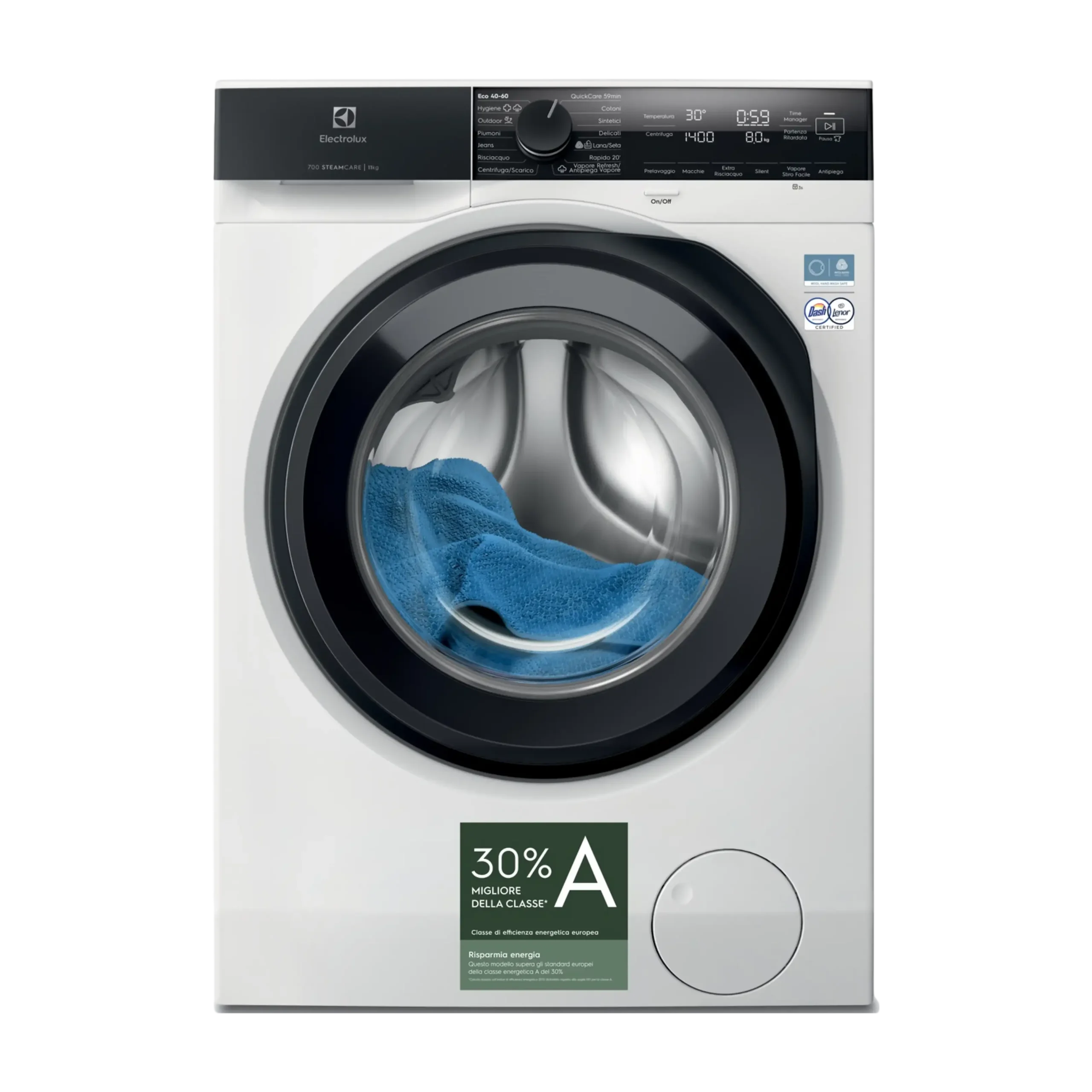 ELECTROLUX EW7F411CH3 LAVATRICE, Caricamento frontale, 11 kg, 14 programmi, Profondità 63,6 cm, Giri 1400 rpm, Bianco, livello rumorosità centrifuga 72 dB(A), Classe A