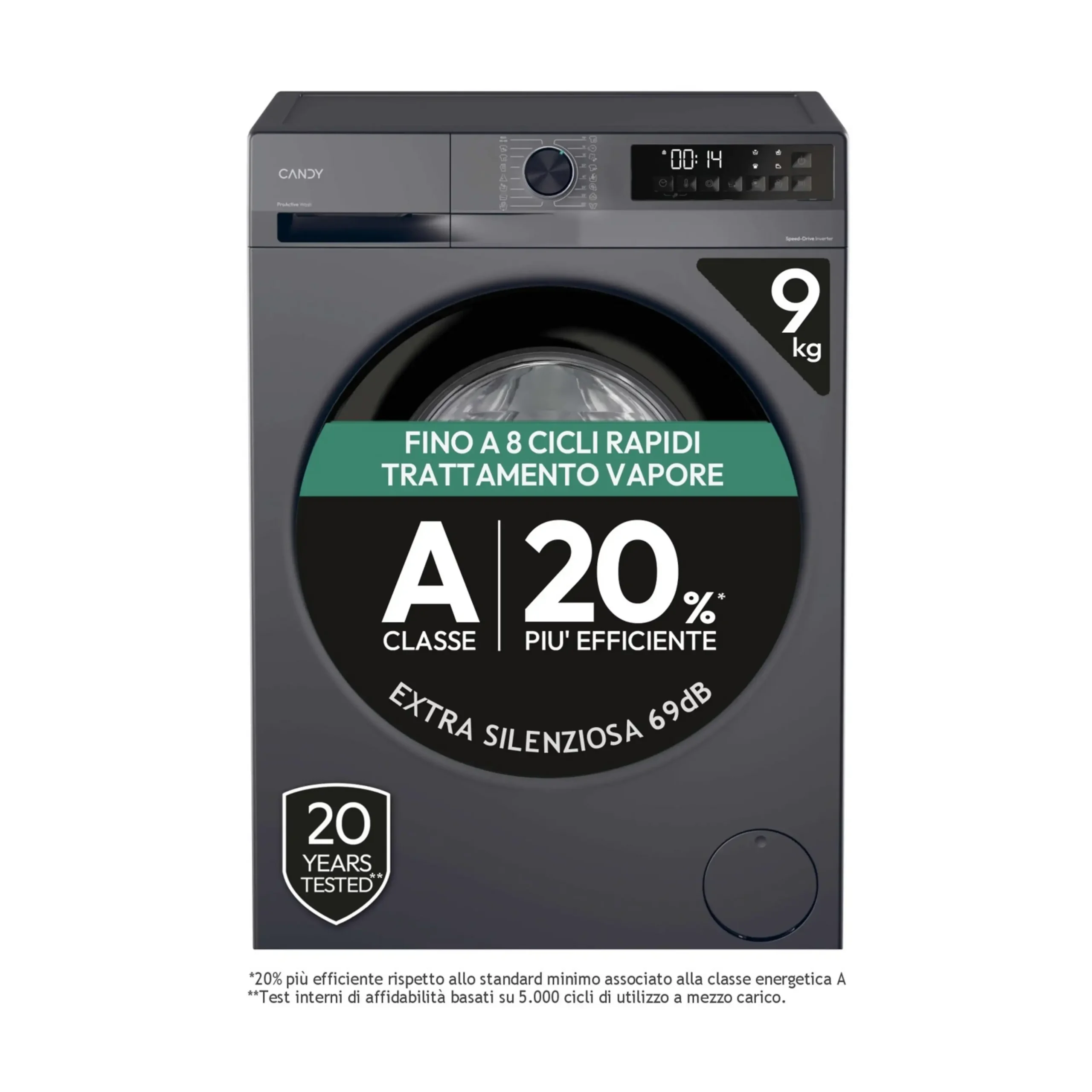 CANDY GD 49B8G-S LAVATRICE, Caricamento frontale, 9 kg, 16 programmi, Profondità 60,1 cm, Giri 1400 rpm, ANTRACITE, livello rumorosità centrifuga 69 dB(A), Classe A
