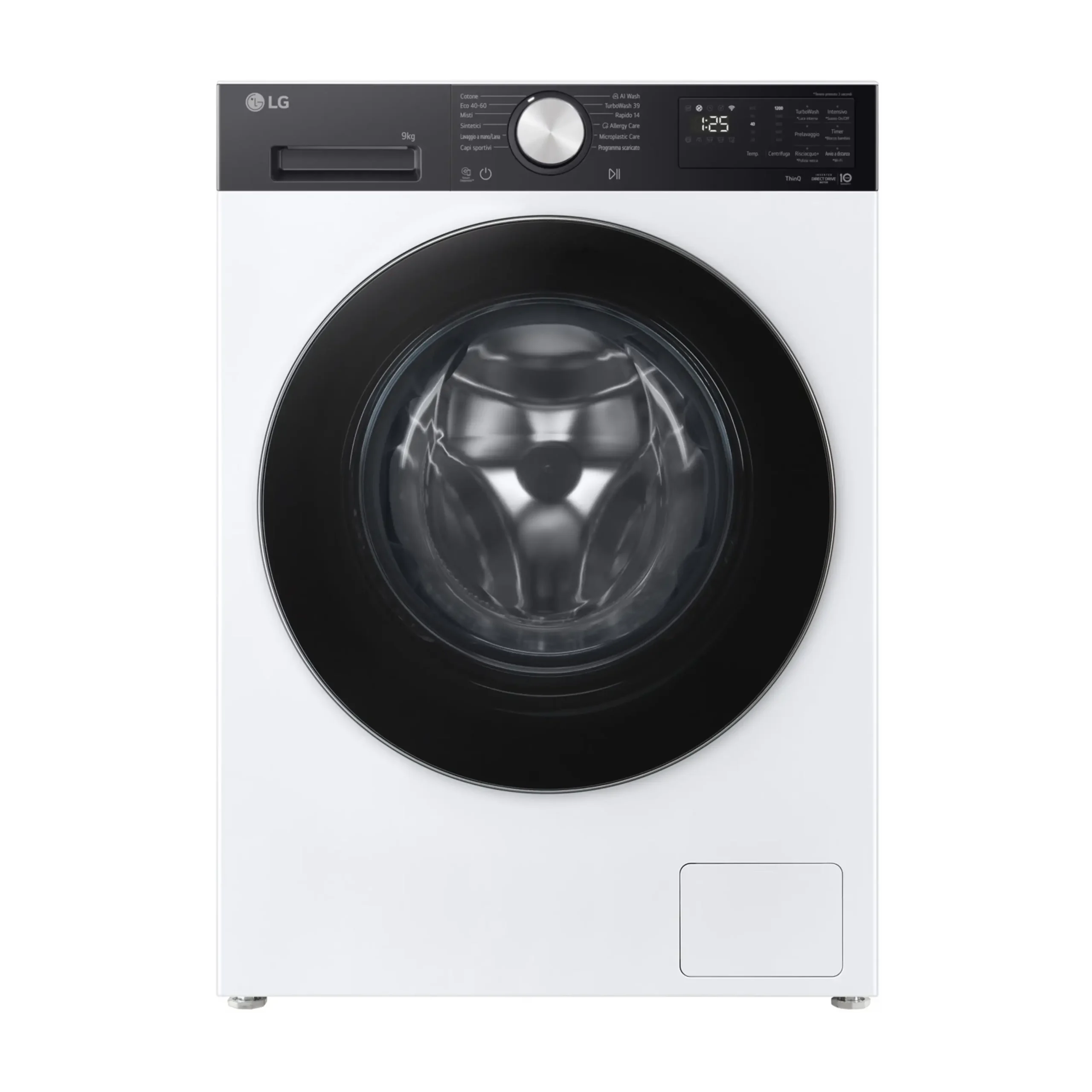LG F2NX50S9TKC LAVATRICE, Caricamento frontale, 9 kg, 12 programmi, Profondità 47,5 cm, Giri 1200 rpm, Bianco + pannello nero, livello rumorosità centrifuga 71 dB(A), Classe A