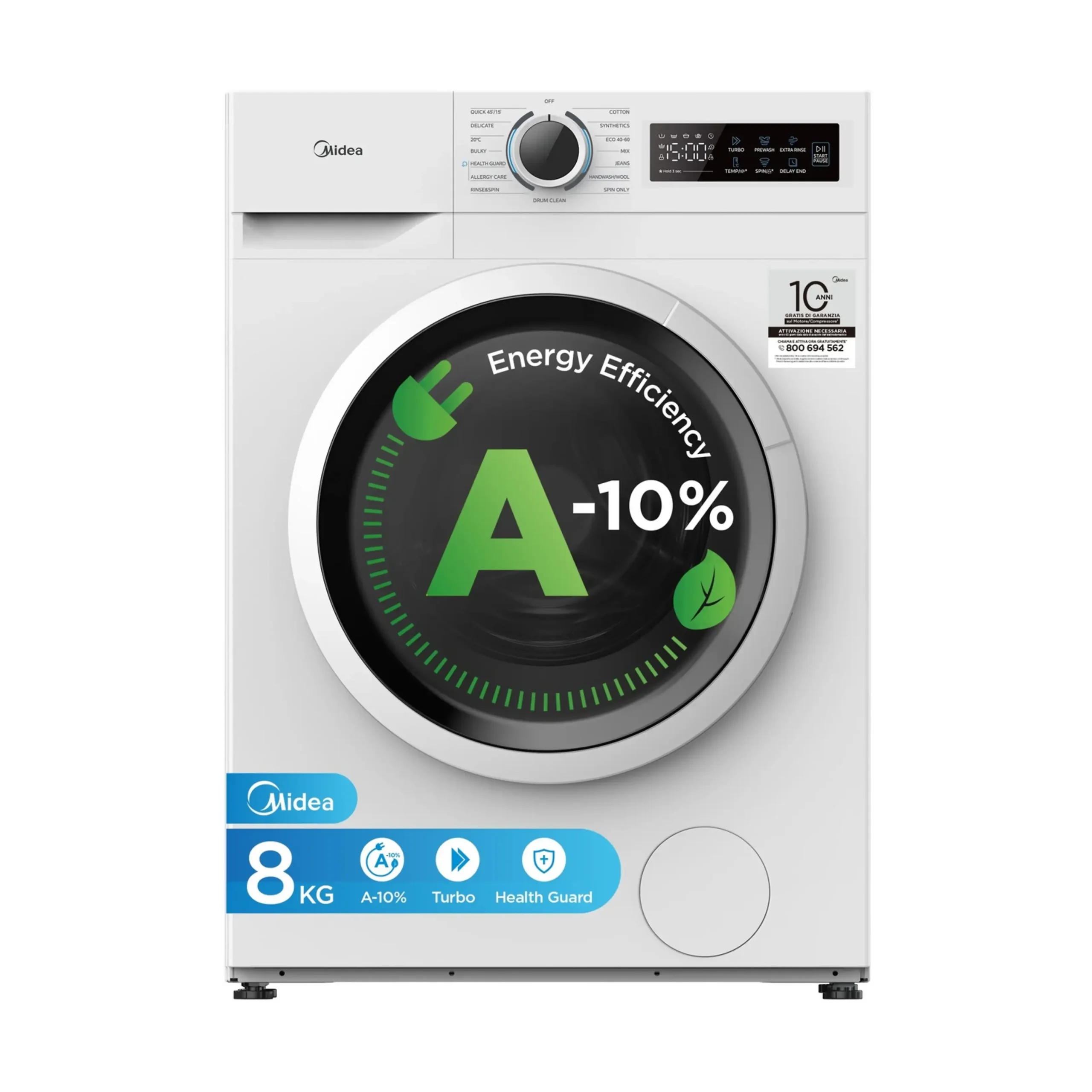 MIDEA MF110W80BA10/W-IT LAVATRICE, Caricamento frontale, 8 kg, 15 programmi, Profondità 53,5 cm, Giri 1400 rpm, Bianco, livello rumorosità centrifuga 72 dB(A), Classe A