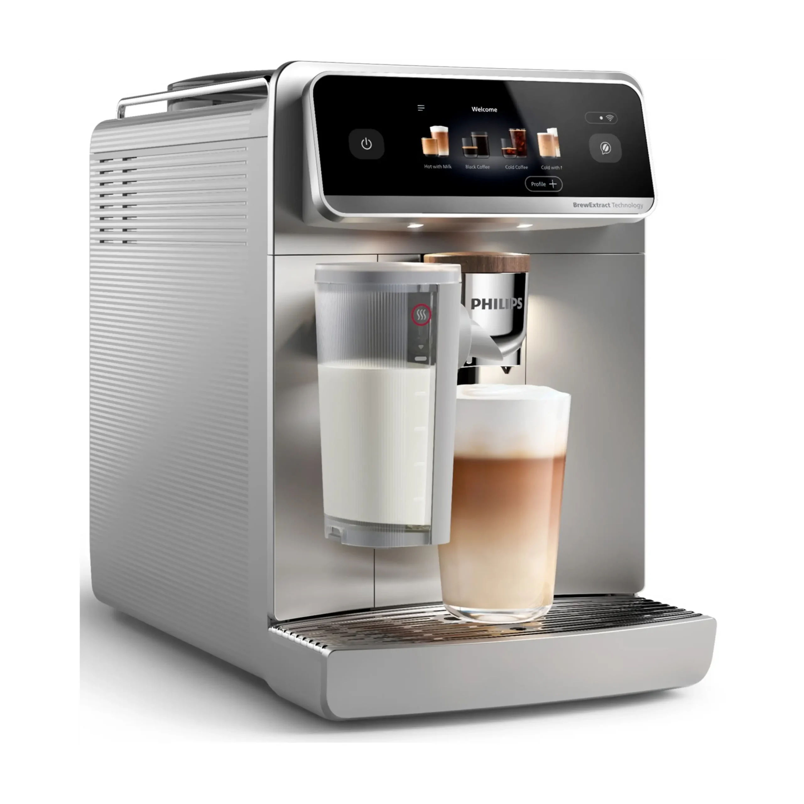 MACCHINA CAFFÈ AUTOMATICA PHILIPS Café Aromis EP8757/20, Pressione pompa 15 bar, Potenza 1500 W, Programmi Espresso, Caffè, Cappuccino, Latte Macchiato, Caffellatte, Americano, Caffè crema, Ristretto, Espresso Lungo, Flat White, Acqua calda, Latte caldo, Schiuma di latte., Funzione Regolazione macinatura, Programma pulizia, Argento / Bianco