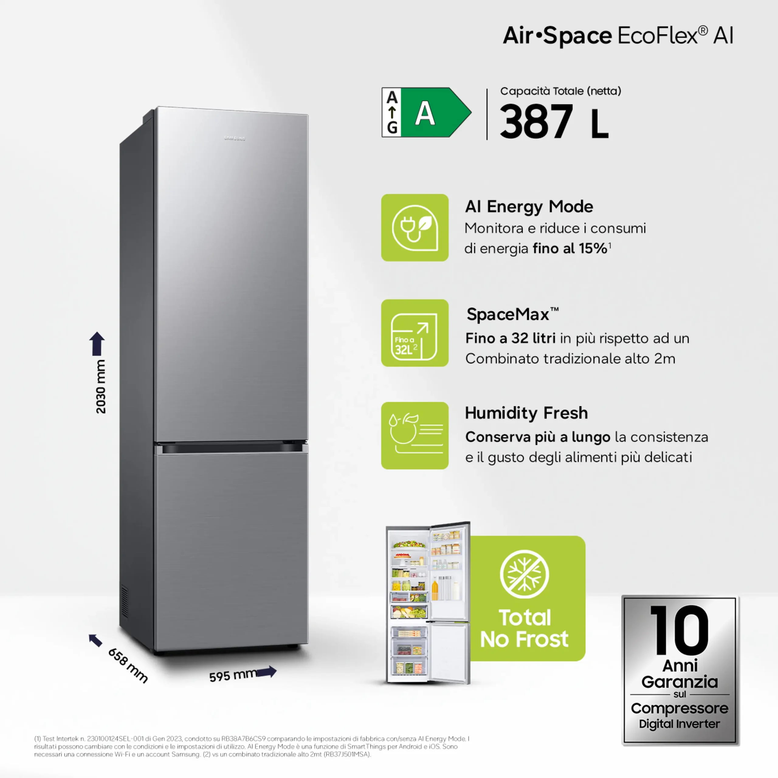 FRIGORIFERO COMBINATO SAMSUNG RB38C607AS9/EF, Capacità netta totale 387 l, Rumorosità: 35 dB(A), LAN wireless, 5 ripiani, Dimensioni: L 59,5 cm A 203 cm P 65,8 cm, Metal Inox, Classe A – Image 7