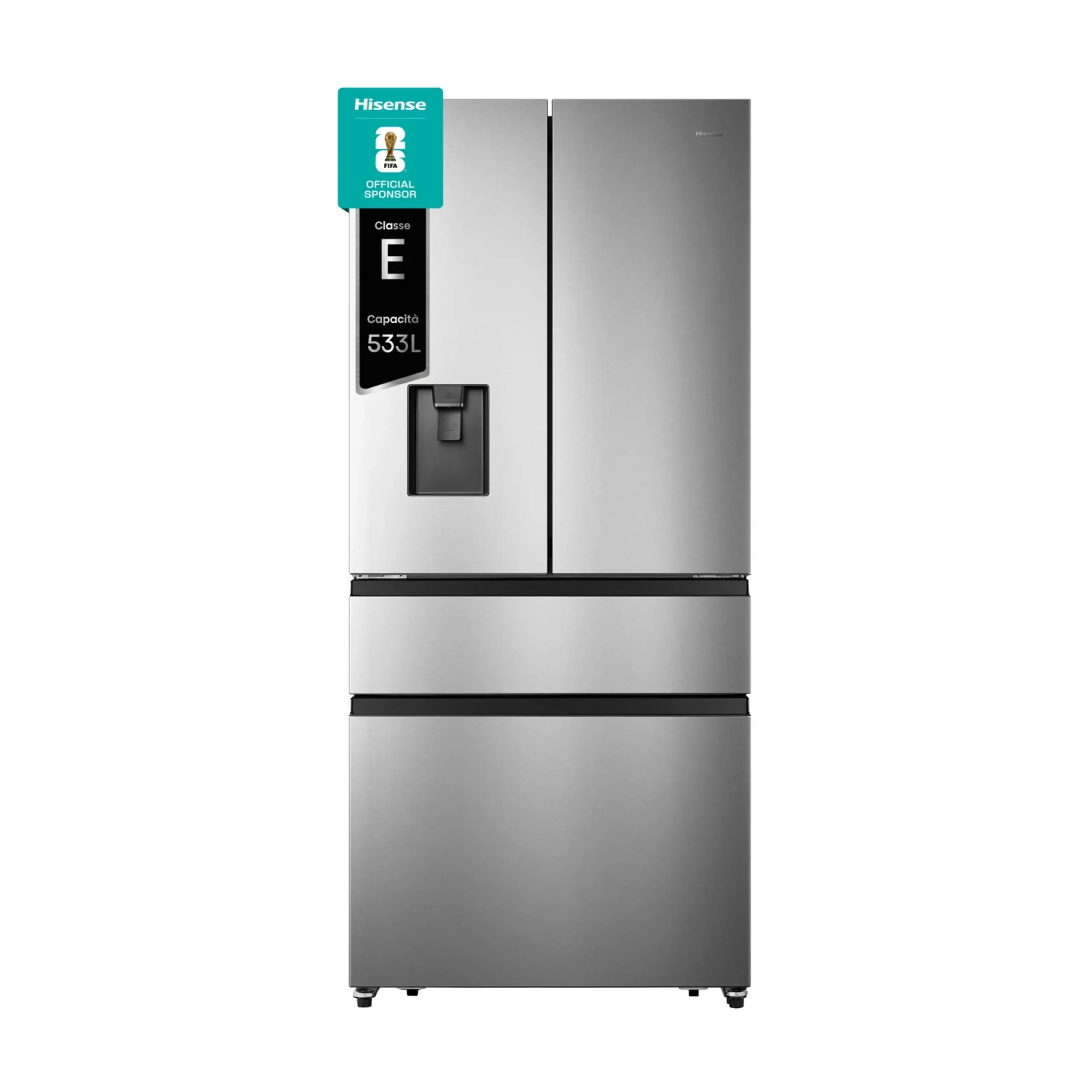 Frigorifero americano HISENSE RF540N4WIE, Sistema Multi Flow: Sì; Sistema raffreddamento frigorifero: No Frost; Sistema raffreddamento congelatore: No Frost, Capacità netta totale 480 l, Rumorosità: 40 dB(A), Dispenser acqua, Dimensioni: L 79,4 cm A 181,7 cm P 70,6 cm, Inox, Classe E