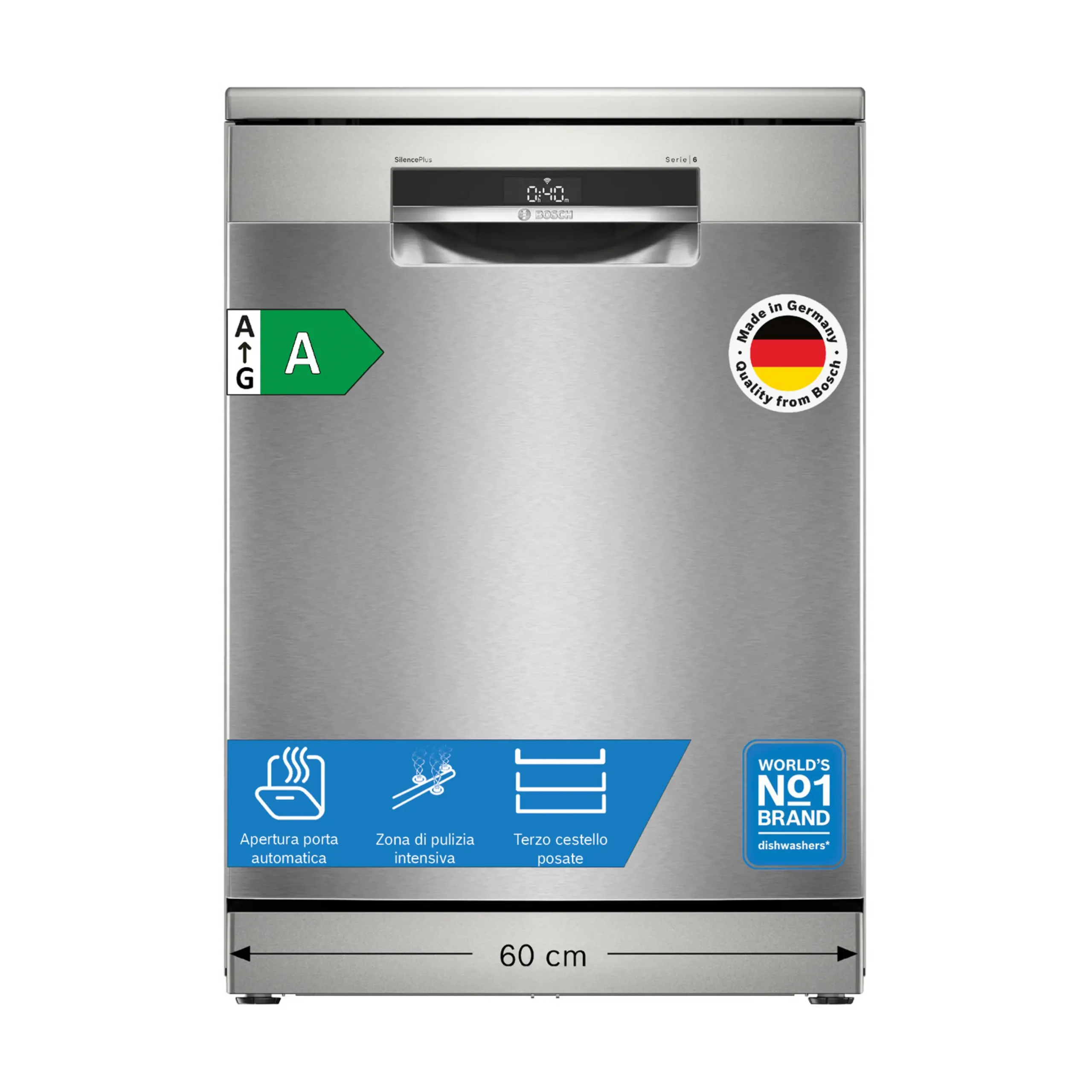 LAVASTOVIGLIE Libera installazione (FS) BOSCH SMS6ECI15E, Programmi 6, Dimensioni: L 60 cm, A 84,5 cm, P 60 cm, Rumorosità 42 dB(A), Consumo di acqua 9 l, Acciaio anti-impronta, Classe A