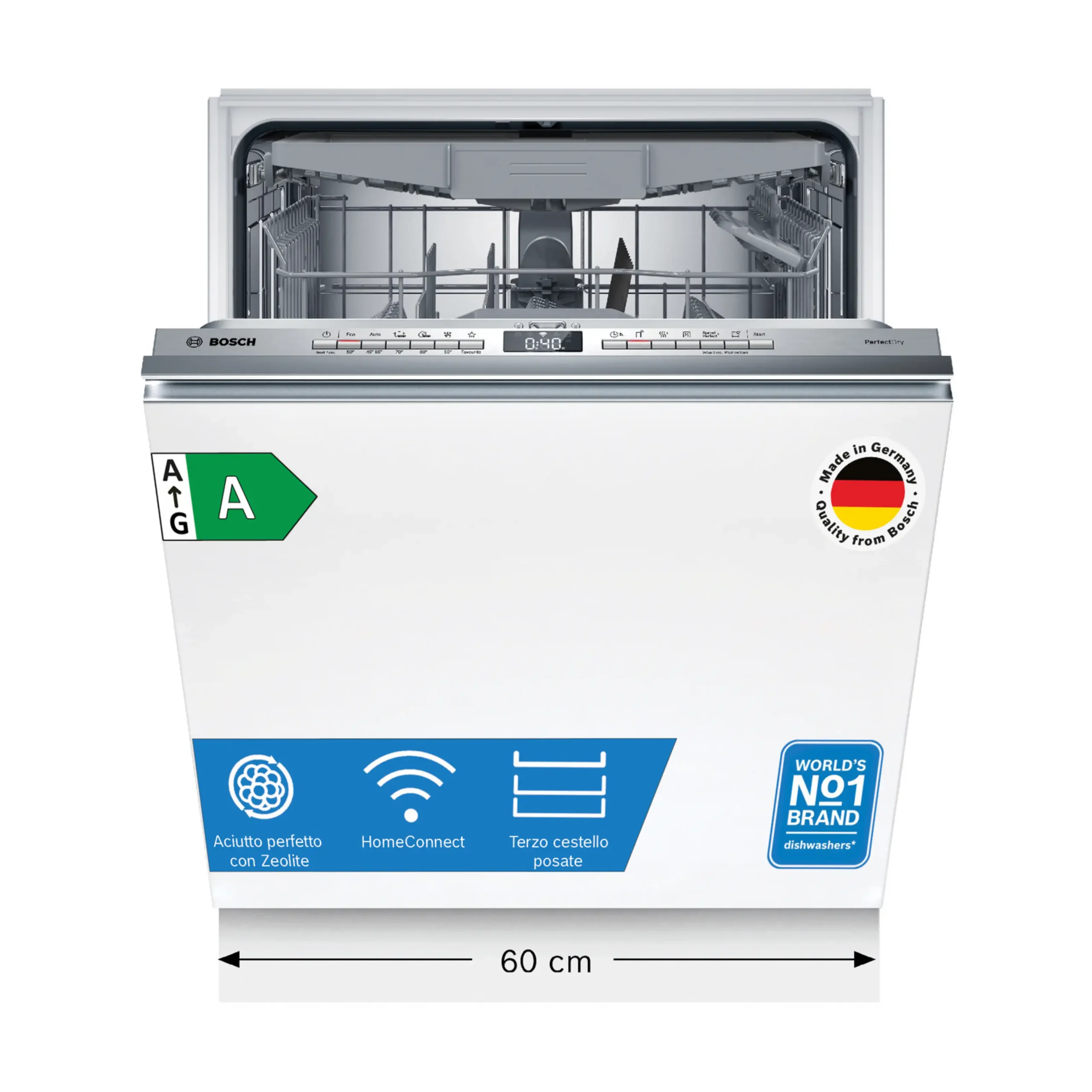 LAVASTOVIGLIE INCASSO Pannello frontale non in dotazione BOSCH SMV6YCX02E, Programmi 6, Dimensioni: L 59,8 cm, A 81,5 cm, P 55 cm, Rumorosità 44 dB(A), Consumo di acqua 9,5 l, Classe A