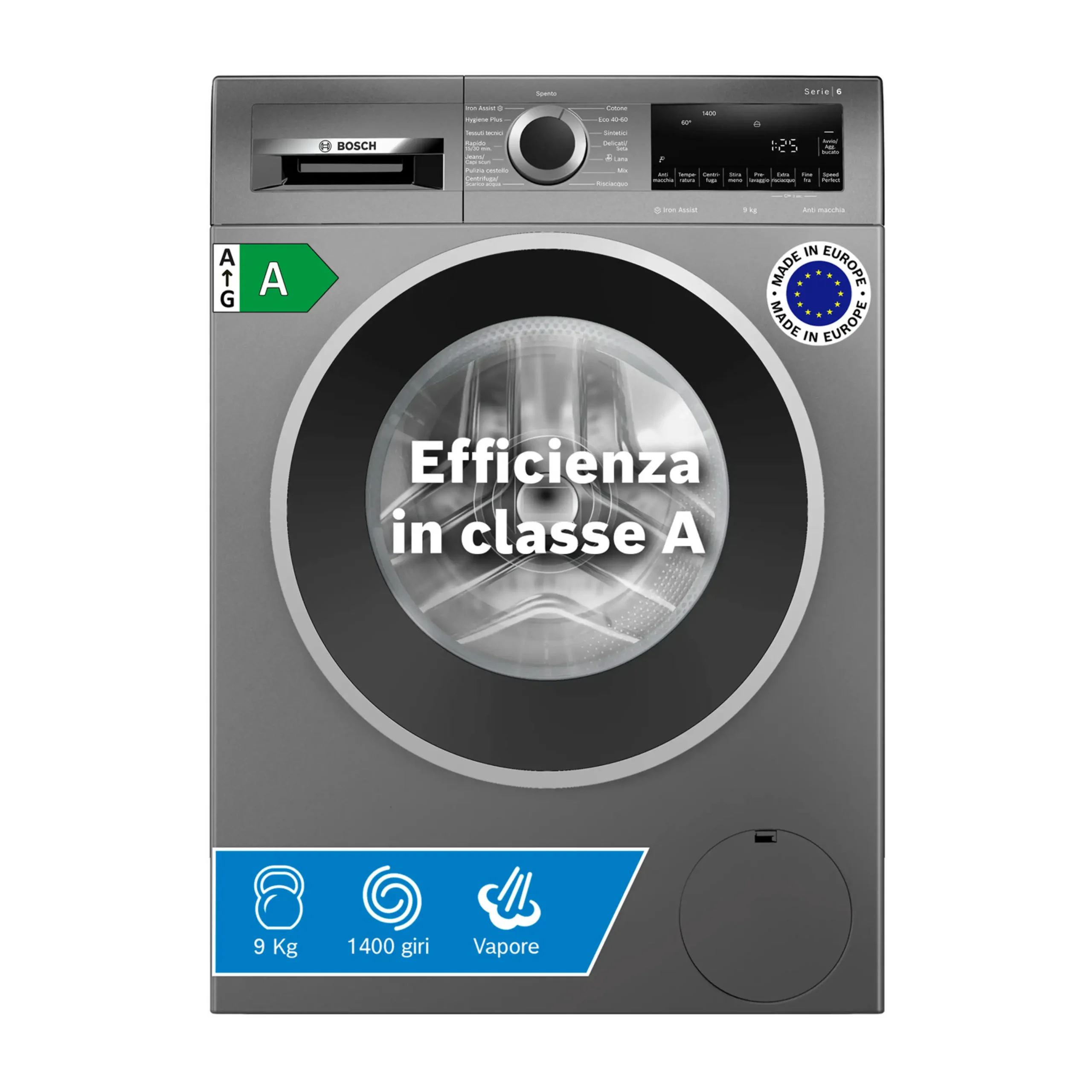 BOSCH WGG244ZRIT LAVATRICE, Caricamento frontale, 9 kg, 14 programmi, Profondità 63,6 cm, Giri 1400 rpm, Grigia Antracite, livello rumorosità centrifuga 71 dB(A), Classe A