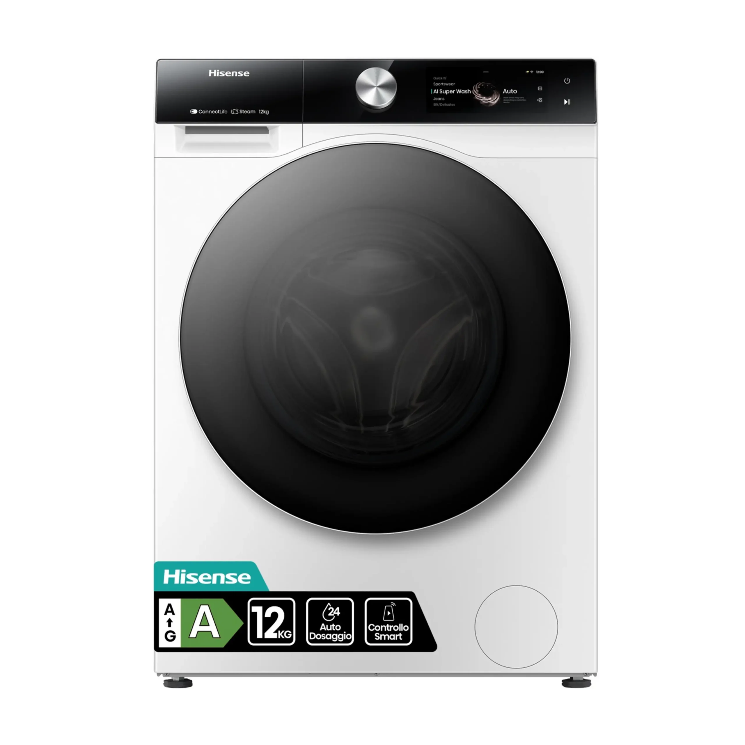 HISENSE WF7S1247BW LAVATRICE, Caricamento frontale, 12 kg, 20 programmi, Profondità 64 cm, Giri 1400 rpm, Bianco, livello rumorosità centrifuga 70 dB(A), Classe A
