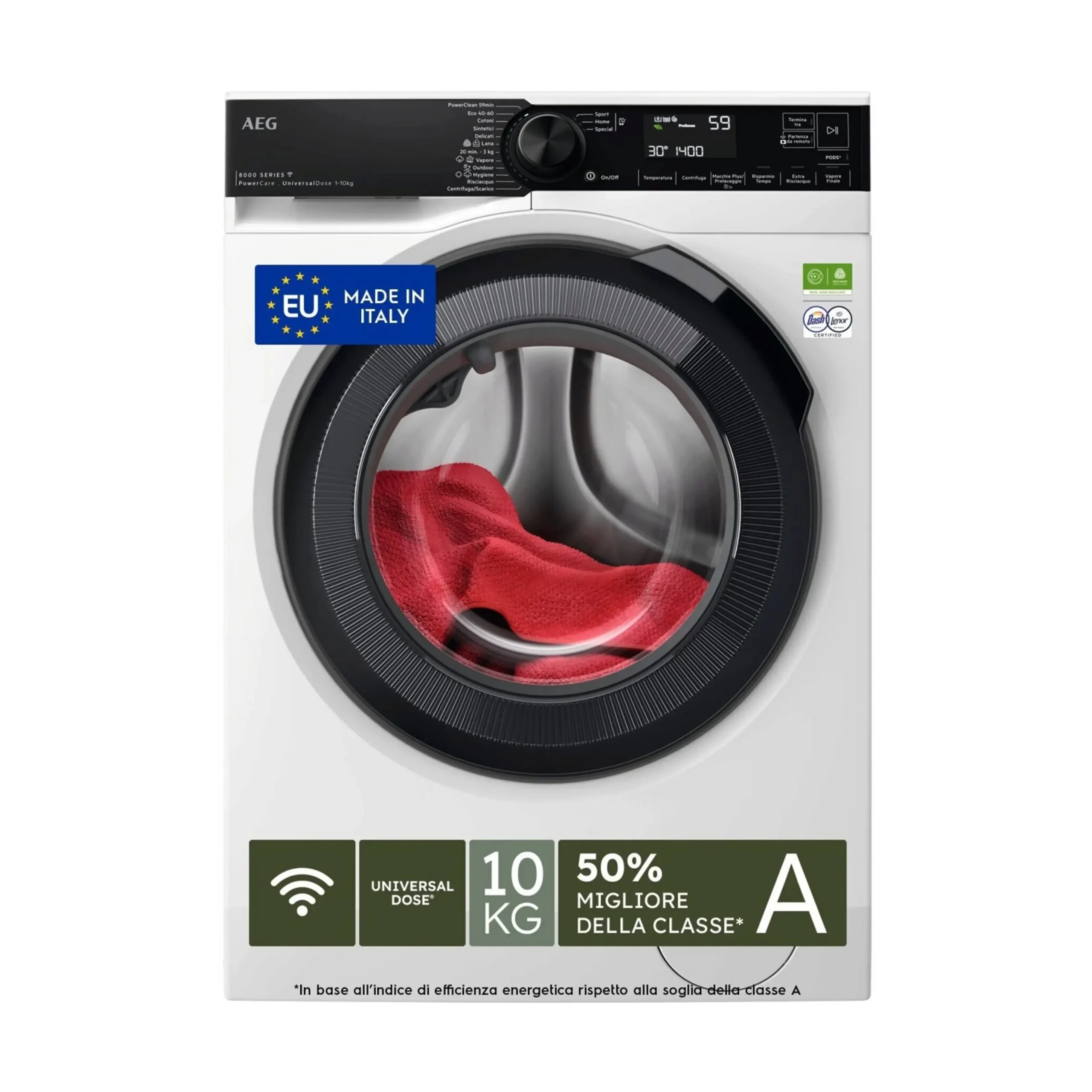 AEG LR8FH104VY LAVATRICE, Caricamento frontale, 10 kg, 13 programmi, Profondità 63,6 cm, Giri 1400 rpm, Bianco, livello rumorosità centrifuga 72 dB(A), Classe A