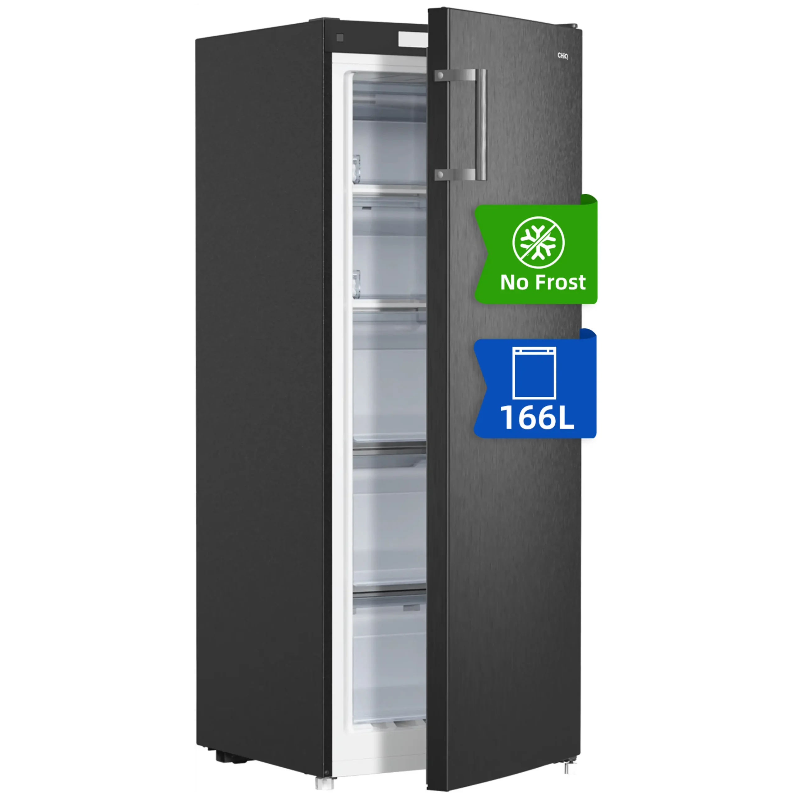 CHIQ FSD166NE4E Congelatore verticale, Capacità netta 166 l, dimensioni: L 58,0 cm, A 148,5 cm, P 63,0 cm, Rumorosità 44 dB(A), 5 cassetti, Inox Scuro, Classe E