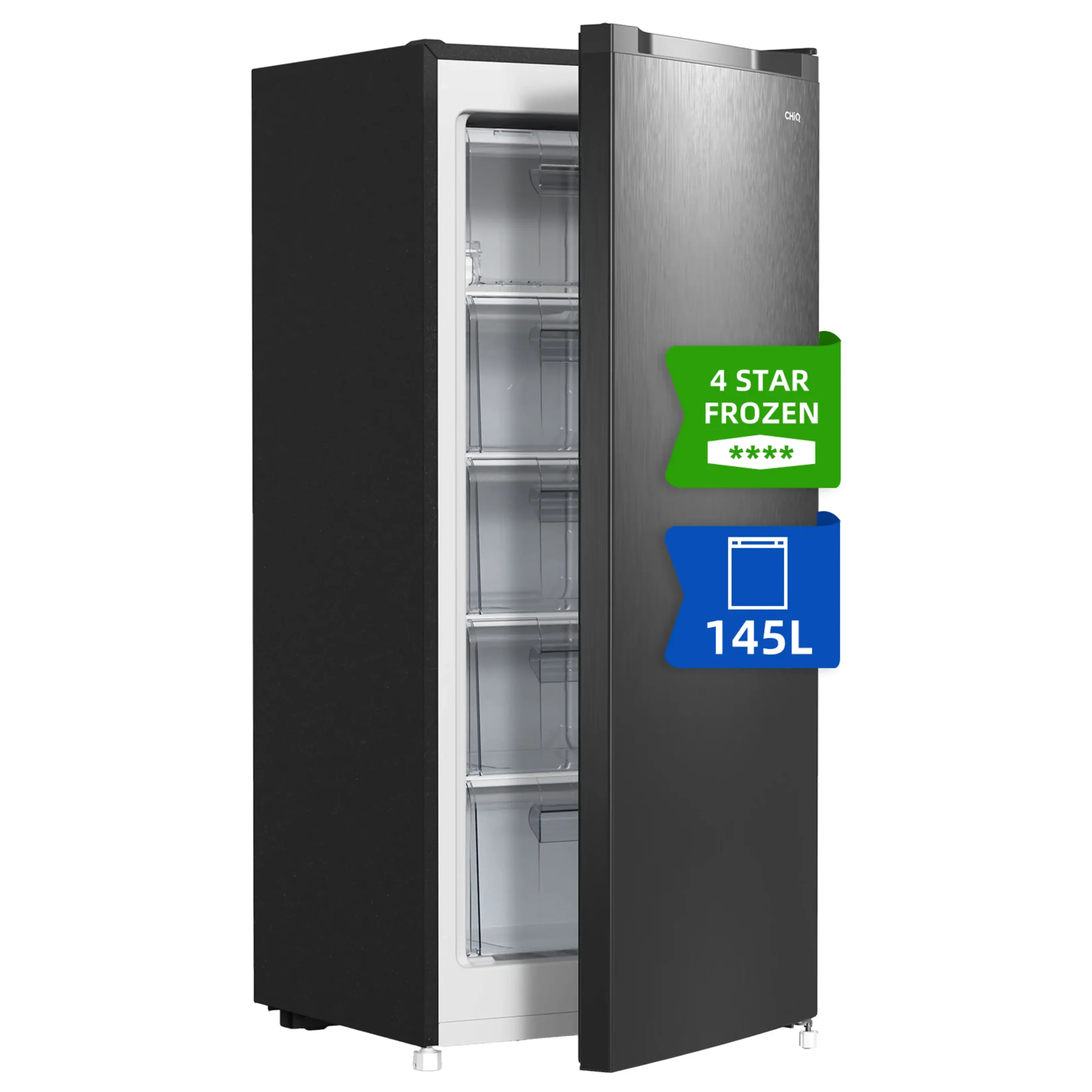 CHIQ FSD160D4E Congelatore verticale, Capacità netta 145 l, dimensioni: L 54,0 cm, A 125,9 cm, P 55,0 cm, Rumorosità 41 dB(A), 1 cassetti, Colore metallizzato spazzolato scuro, Classe E